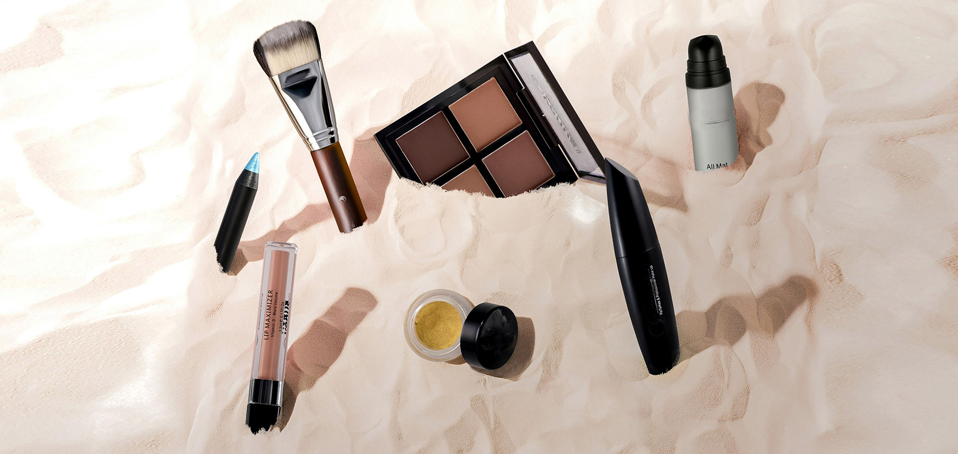 Makeup essentials with lipsticks and palettes